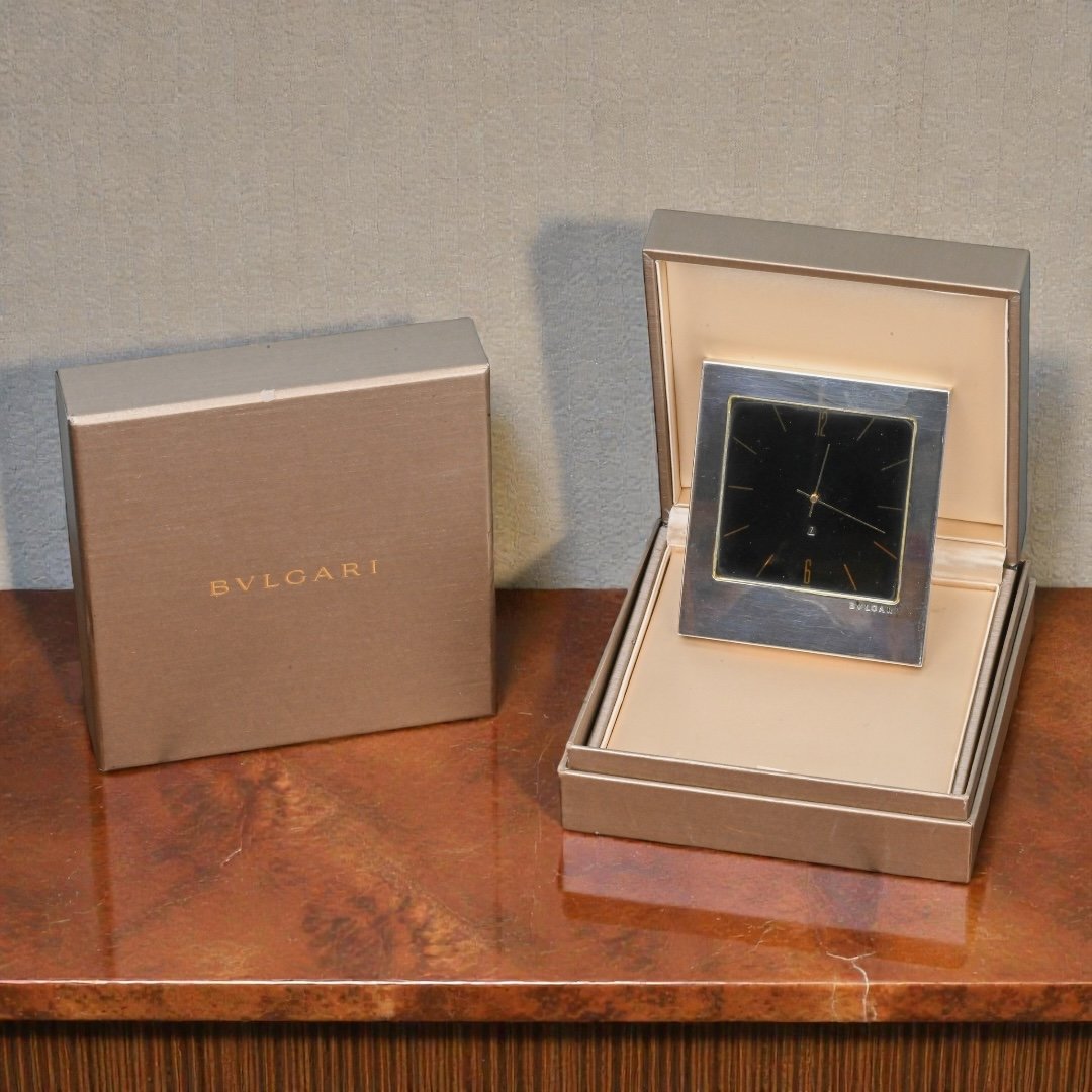 Bvlgari - Sterling Silver Table Clock - Italy, 1990s-photo-1